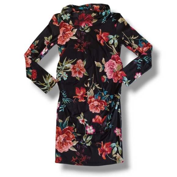 Mother Bee Maternity Dress Long Sleeve Cowl Neck Floral Bodycon Black Red Size M - Picture 1 of 10